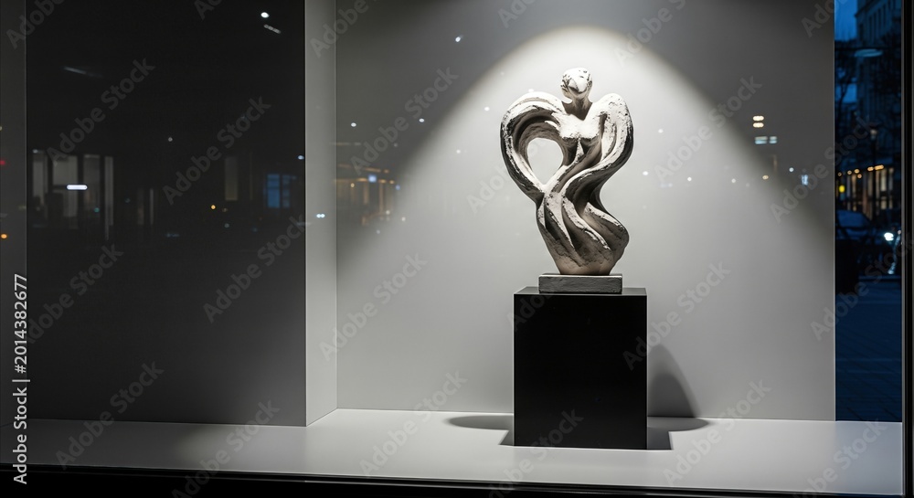 Fototapeta premium Abstract angel sculpture on black pedestal in spotlighted window display, elegant retail showcase with copy space