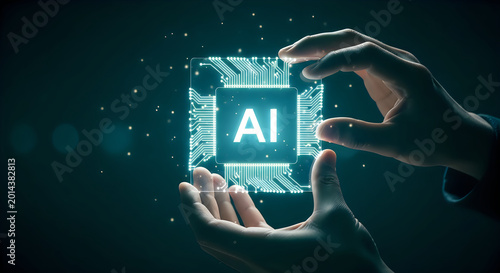Hands holding a glowing ai circuit board representing artificial intelligence and technological advancement