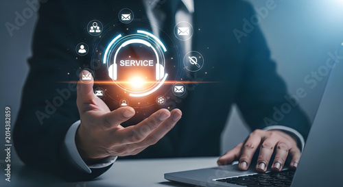 Customer service concept with business professional and digital interface elements