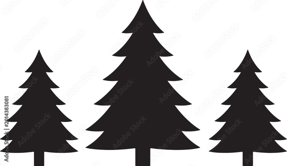 Obraz premium Three stylized black silhouette christmas trees of varying sizes, arranged in a row with the largest in the center, creating a simple and festive winter scene on a white also transparent background