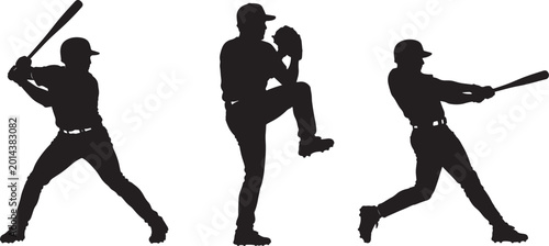 Photos A sequence of three black silhouette baseball players, depicting a batter swingi