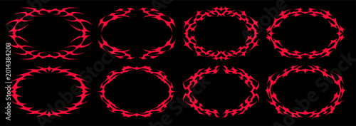 Neo tribal oval frame set. Abstract symmetrical Y2K tattoo borders in cyber style. Decorative vector silhouette collection for design
