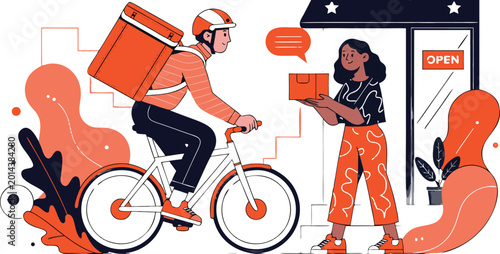 Canvastavla delivery man on bicycle handing package to woman outside a shop, urban setting