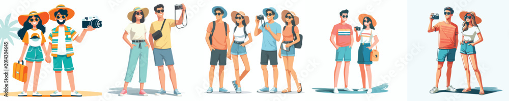 Fototapeta premium vector of a happy couple taking a photo at the beach in summer