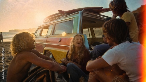Group of Friends with Vintage Station Wagon at Beach Sunset in 1970s Retro Style
