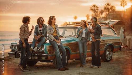 Group of Friends with Vintage Station Wagon at Beach Sunset in 1970s Retro Style