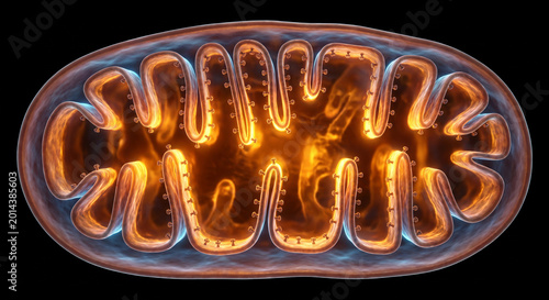 Vibrant 3D rendering of a mitochondrion with glowing inner membrane cristae and visible ATP synthases on a black background.
