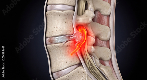 3D rendering of a herniated lumbar disc compressing a spinal nerve root, causing pain and inflammation in the human spine on a dark background.