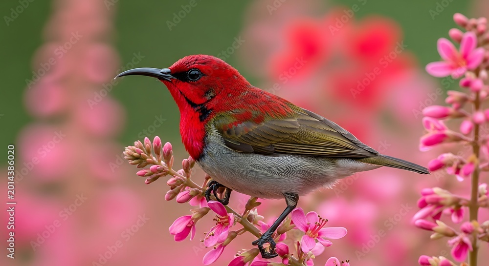Fototapeta premium Bright red hummingbird feeding on pink flowers in natural setting