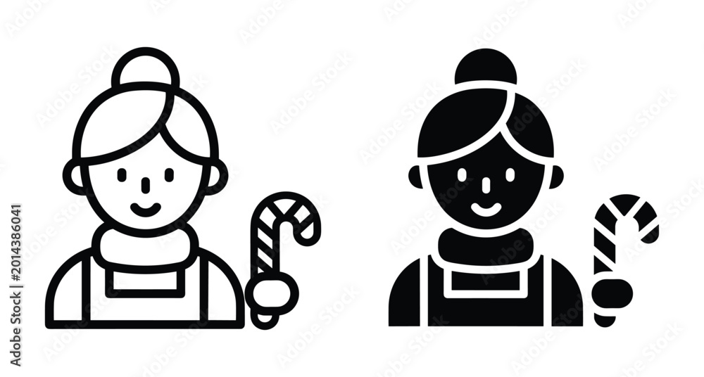 Fototapeta premium Mrs Claus icon set featuring woman holding candy cane in outline and solid styles for Christmas holiday celebration and baking