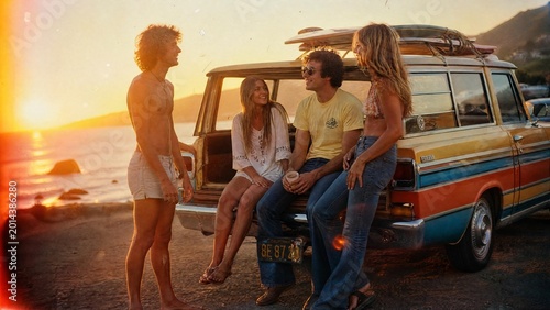 Group of Friends with Vintage Station Wagon at Beach Sunset in 1970s Retro Style