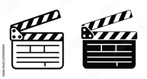 Movie clapperboard icon set for film production cinema industry video recording media entertainment equipment director tool slate board symbol