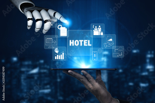 Fotografie Futuristic robotic hand interacting with digital hotel management icons and information system on a tablet screen in a modern cityscape background Quark