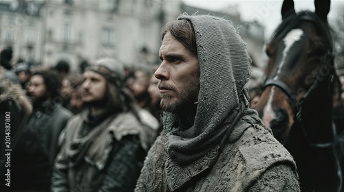 Medieval man in hooded cloak gazing intently with horse. Group of bearded warriors in ragged attire gathered in ancient village. Historical reenactment scene of medieval brotherhood and adventure.