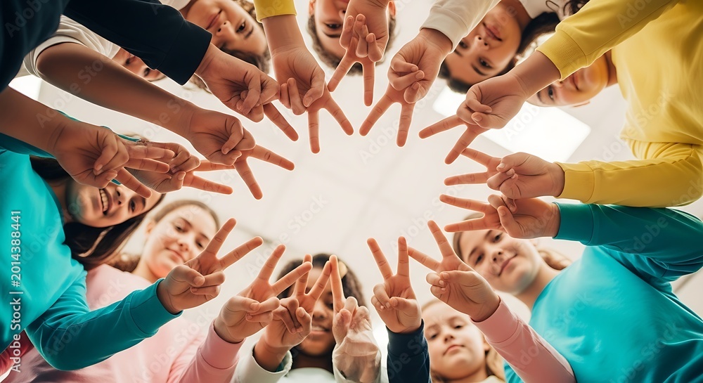 Obraz premium A diverse group of individuals creates a unified circle by raising their hands in peace signs against a plain background.