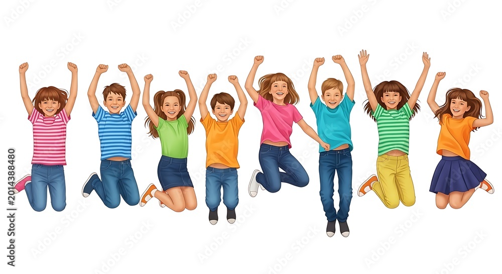 Fototapeta premium A group of children mid jump against a plain white background, arms raised in celebration, wearing bright striped and solid colored shirts and jeans.