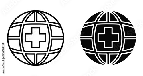 Global medical health care icon set featuring world globe with cross symbol for international medicine hospital and emergency services
