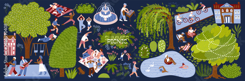 Summer picnic in the park. Vector illustrations of people relaxing, cycling, activities, swimming, playing outdoors, a tree, a lake, a fountain, musicians, a stage, lifestyle, a swing, and yoga exerci
