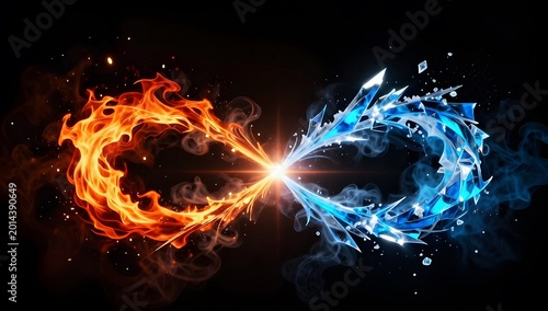 Eternal Fusion: Fire and ice merge in a mesmerizing display of infinite energy, creating a symbol of balance, duality and limitless possibilities. 