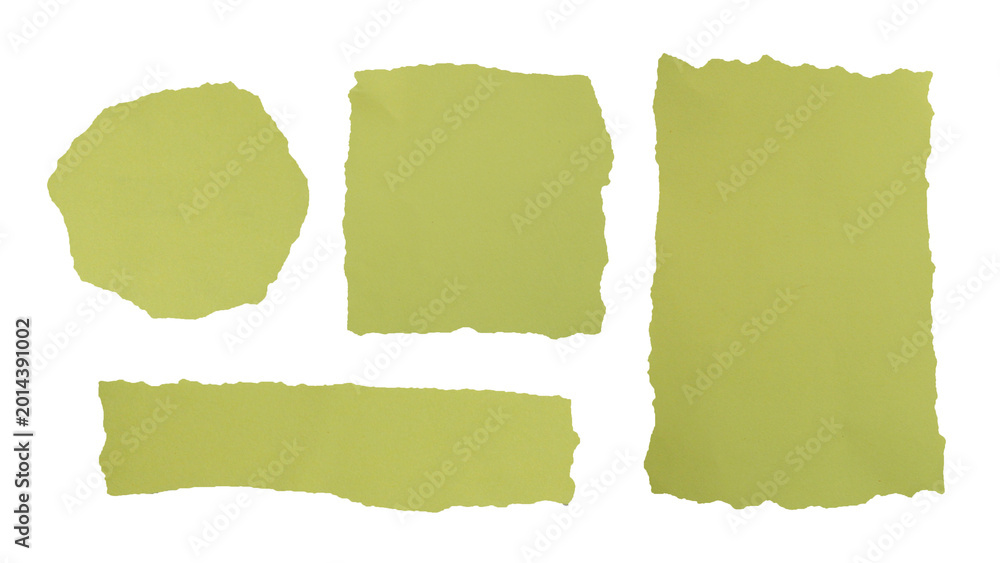 Fototapeta premium Collection of yellow paper scraps featuring square, rectangular, and round shapes. Realistic torn edges and wrinkled surface with professional studio lighting.