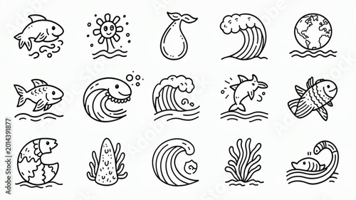 Schilderij op canvas Fish sea creatures ocean icons set.