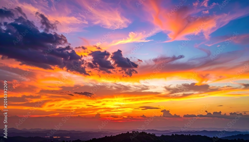 Fototapeta premium A vibrant sunset paints the sky with fiery hues over a rolling landscape, creating a breathtaking panorama of color and light.