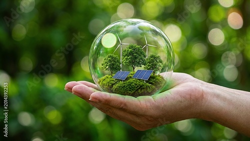 Hand holding a glass sphere with miniature wind turbines, solar panels, and trees, symbolizing sustainable energy and environmental protection