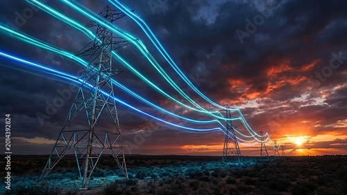 Electric power lines carrying energy across a landscape at sunset