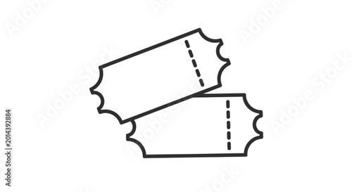 Minimalist ticket line icon vector, pair of cinema admission stubs, simple black and white movie theater entry passes for event booking