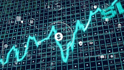 $HUD landing on dip, pulsing rings while turquoise line climbing, revealing glyphs for analytics