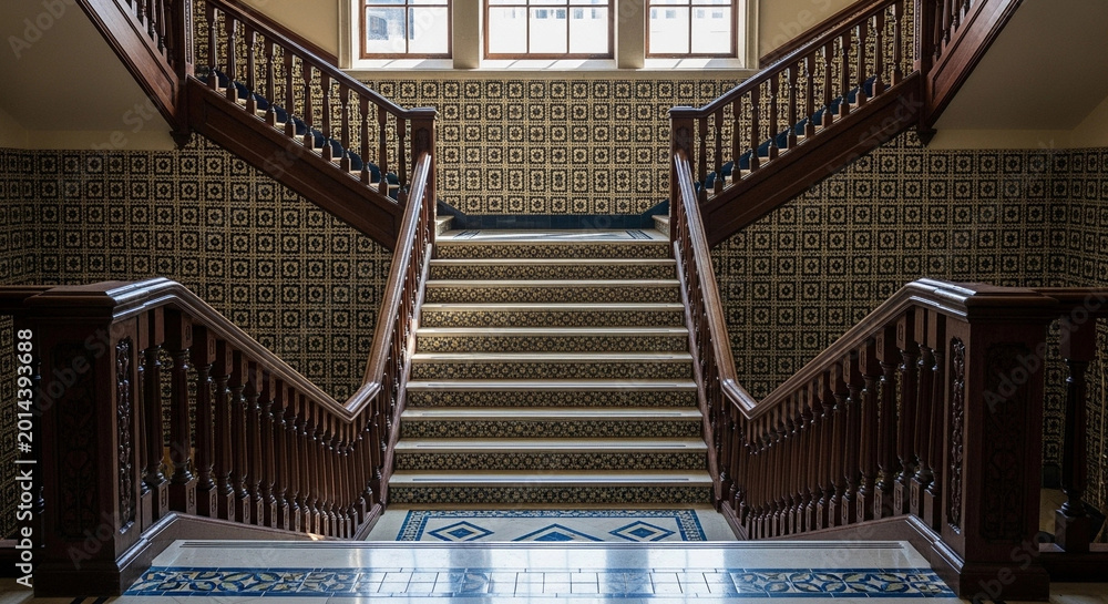 Obraz premium Symmetrical ornate wooden staircase with patterned tiled walls, leading upwards into architectural light, evoking vintage grandeur and classic design.