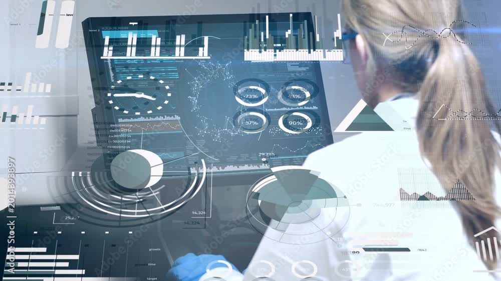 Female lab scientist leaning and tapping touchscreen, animating charts ...