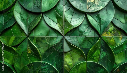 A detailed close-up showcases a textured wall art installation composed of stylized green leaf shapes, creating an intricate and organic pattern.
