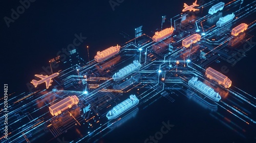 Abstract visualization of a futuristic transportation hub at night