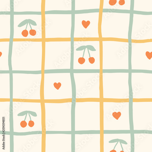 Hand drawn cottagecore cherry gingham seamless pattern with hearts, playful naive fruit check for summer dresses, kids clothing, picnic textiles and cute packaging design. Vector
