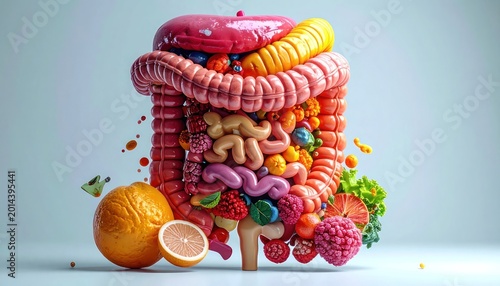 A vibrant, surreal representation of the human digestive system.