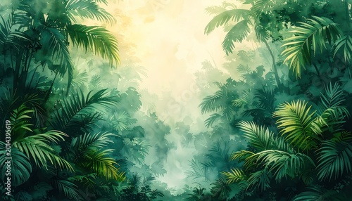 A vibrant watercolor painting depicts a lush tropical rainforest scene, bathed in soft sunlight filtering through dense foliage.
