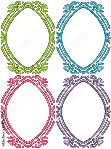 Colorful Hand Drawn Ornate Oval Frames Set in Green Blue Pink and Purple