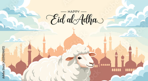 Canvas Print Happy eid al adha greeting with sheep and mosque background