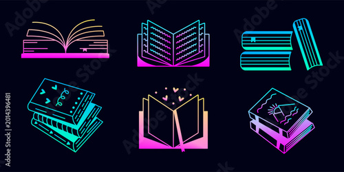 Foto Gradient neon book set, luminescent vector icons in different variations, back t
