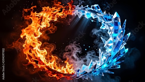 Fusion of Elements: A mesmerizing artwork merges the raw power of fire and the serene elegance of ice, creating a harmonious visual symphony of contrasting elements.