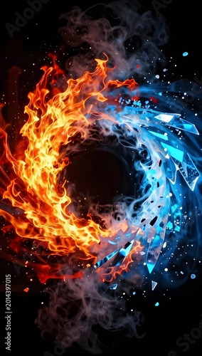 Fiery Ice Dance: A mesmerizing composition showcasing the duality of fire and ice, a dynamic contrast of heat and cold swirling around a central vortex.
