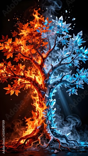 Dualistic Nature of the Elements: An artistic representation of a tree, divided into halves representing the contrasting elements of fire and ice, symbolizes duality and balance.