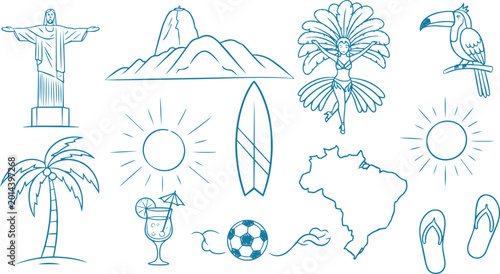 Hand Drawn Brazil Travel and Rio Carnival Doodle Icon Set