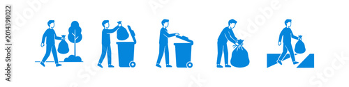 Foto A set of blue icons depicting a person handling household waste, including tying a garbage bag, carrying it, and placing it into a wheelie bin for disposal