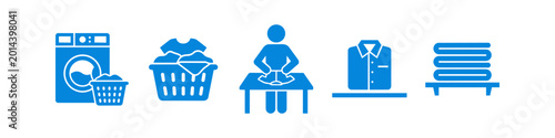 Foto Blue laundry icons showing washing machine, baskets, a person folding clothes, and folded shirts