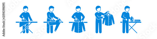 Quadro su tela Set of blue pictograms showing a man ironing a shirt in several steps, including using an ironing board and hanging the finished garment