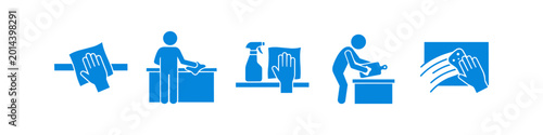 Photography Set of blue icons representing hygiene and cleaning procedures, including wiping surfaces, spraying disinfectant, and sanitizing counters to maintain a germ-free environment