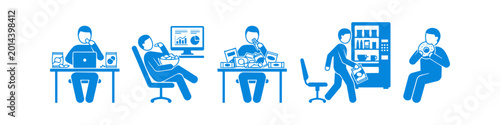 Quadro su tela Blue icons illustrating various unhealthy snacking habits in an office, featuring junk food consumption while working, mindless eating at a desk, and visiting a vending machine