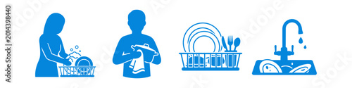 Foto Set of blue silhouettes illustrating dishwashing tasks: woman washing, man drying a pot, dish drying rack, and kitchen sink with faucet